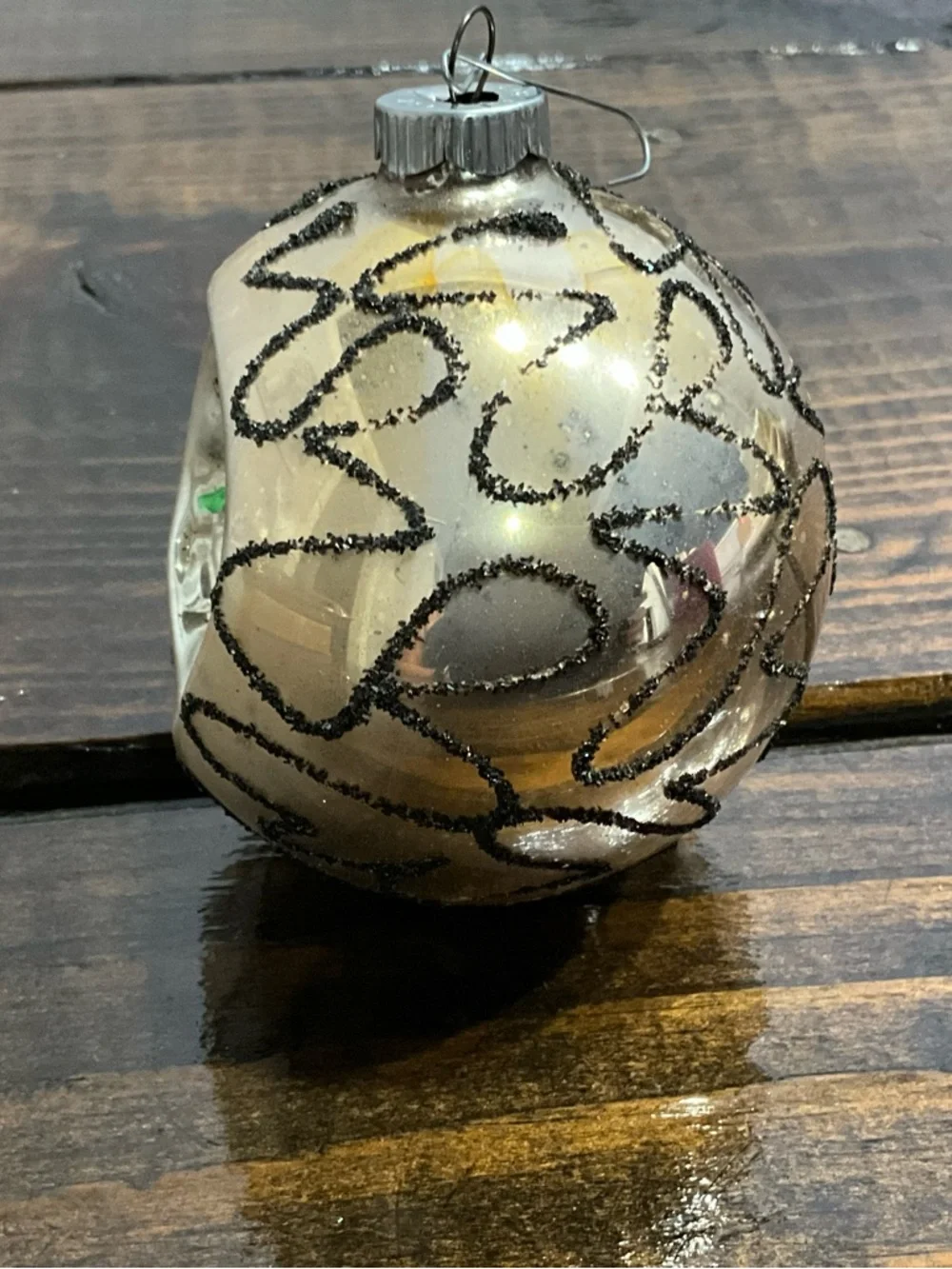 Vintage Large Shiny Brite Indented Glass Ornament Germany Black Mica Pattern MCM
